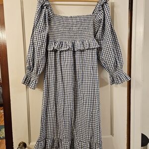 Smocked Gingham Midi Dress with Ruffle Trim - Blue/White